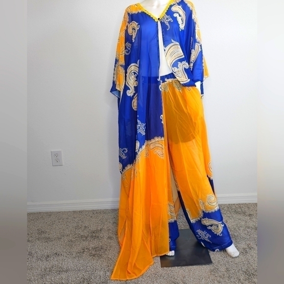 NWT - SUMMER AFRICAN CHIFFON KIMONO KAFTAN TWO PIECE PANT SET / LONG ABA… - Picture 1 of 7